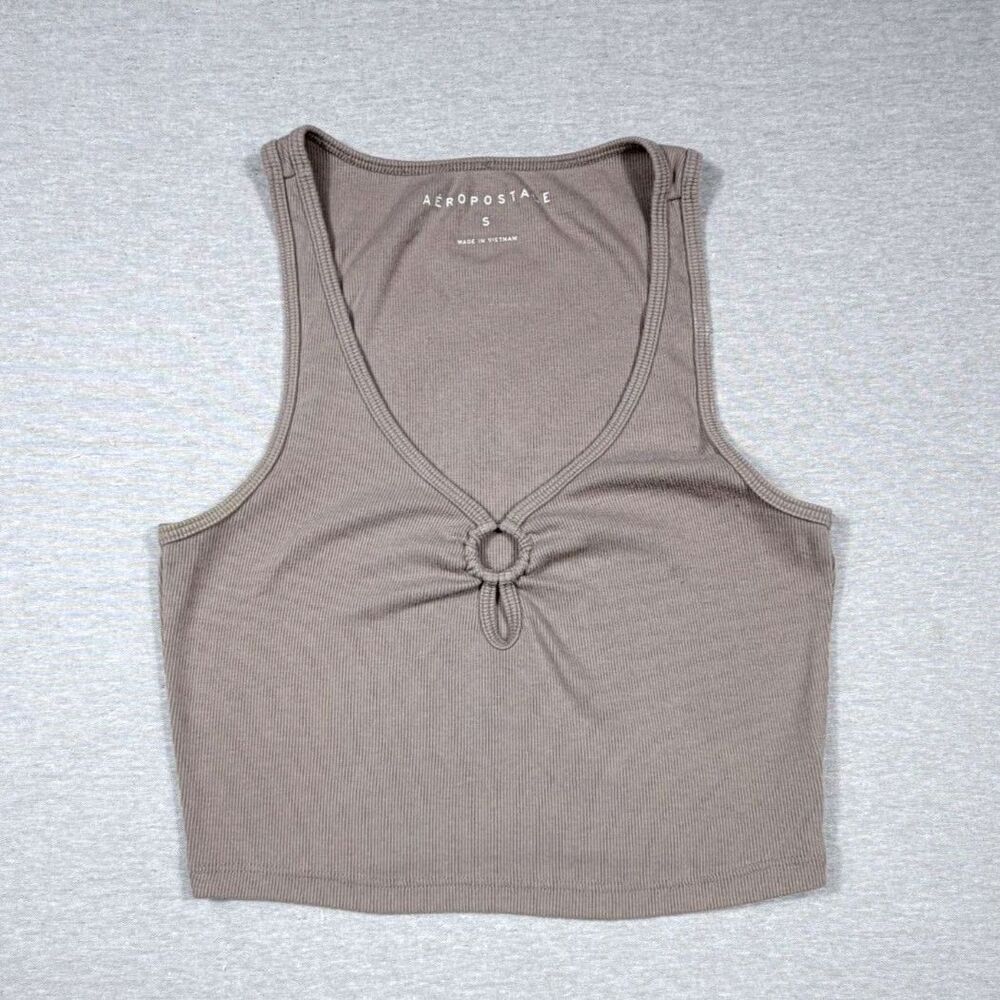 Aeropostale Sm Crop Beige Brown Tank Top Full Back Waffle Knit Y2K Summer Beach